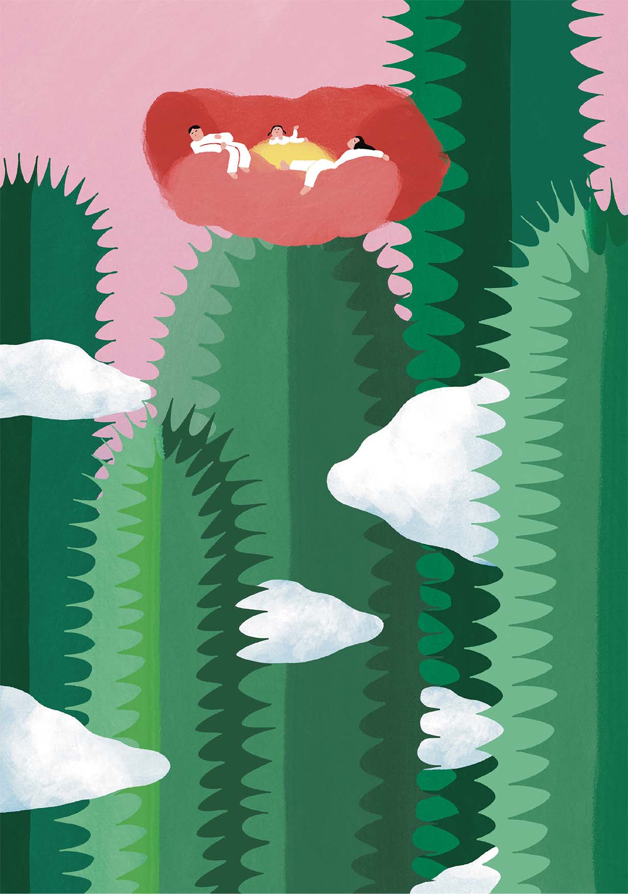 サボテンの花と３人家族のイラスト